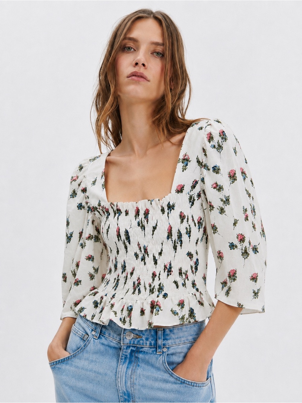 Olivaceous Floral Smocked Linen Peplum Top Coquette Cottagecore Puff Sleeve S
